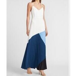 Express Colorblock Pleated Maxi Dress White Blue Ombre Evening Gown Sz XS